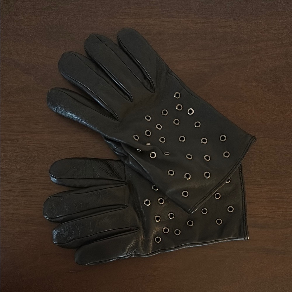 Black Leather Gloves with Eyelet Detail